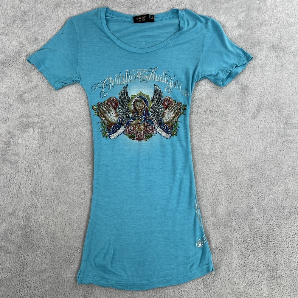 Christian Audigier Rhinestone Graphic Tee S Turquoise Womens Y2K Ed Hardy Era